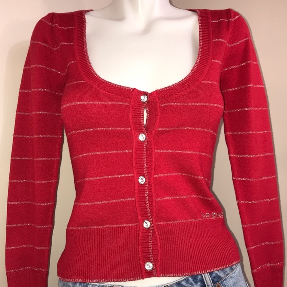 BEBE Metallic Ruby Red Crystal Button DownCardigan - Picture 3 of 16